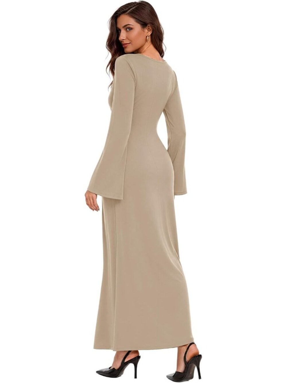 Women's Apricot Fashion Bodycon Long Sleeve Cocktail Outfits Guest Maxi Dresses - Picture 5 of 5